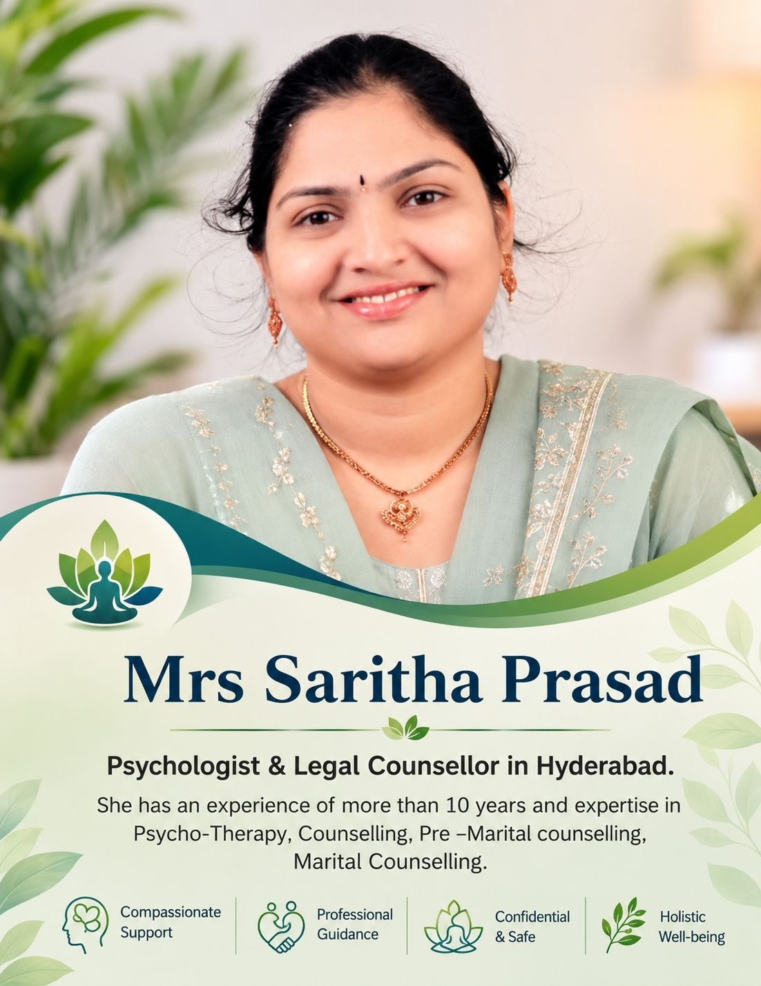 Mrs Saritha Prasad — Psychologist & Legal Counsellor in Hyderabad